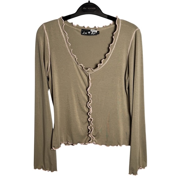 VTG Coquette Top Sz L Demure Romantic Fairy Lettuce Hem Y2K Sage Green Baby Pink - Picture 1 of 13